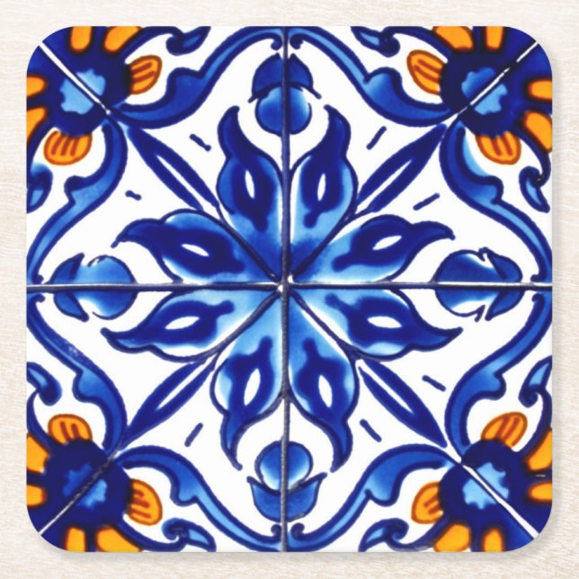 Mexican Talavera Terracotta Tile Design No. 8 Square Paper Coaster (Front)