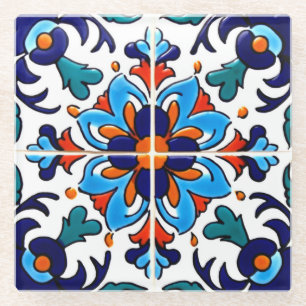 Mexican Talavera Terracotta Tile Design No. 9 Glass Coaster
