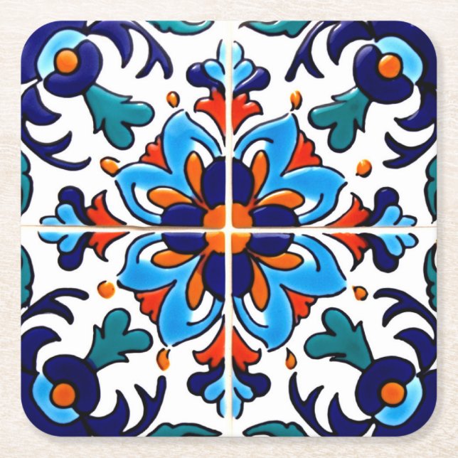 Mexican Talavera Terracotta Tile Design No. 9 Square Paper Coaster (Front)