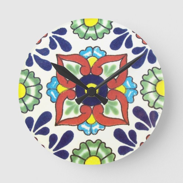 Mexican Talavera tile (red, green, yellow, blue) Round Clock (Front)