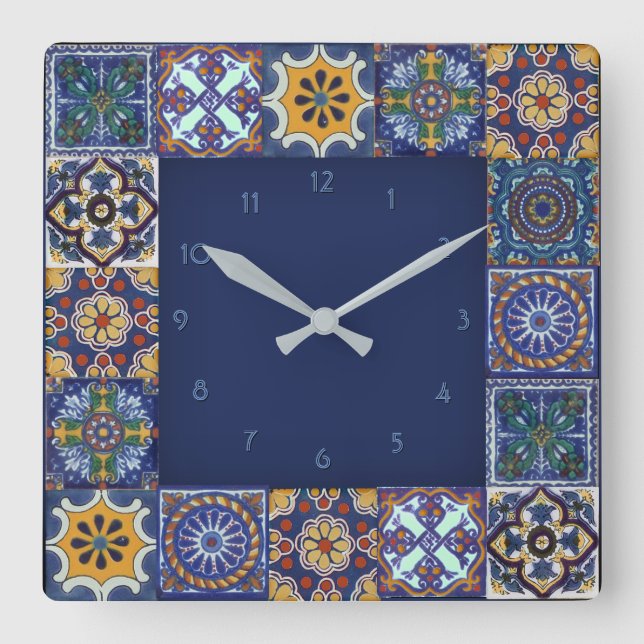 Mexican Talavera Tiles Square Wall Clock (Front)