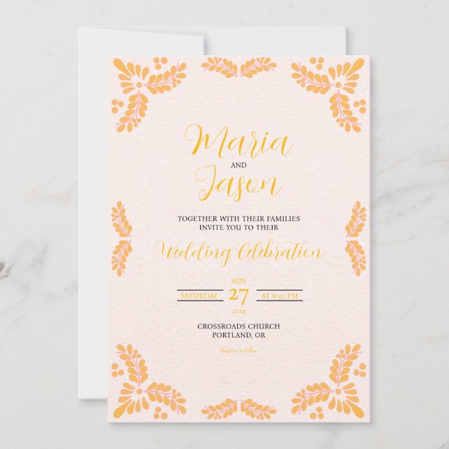 Mexican Talavera Yellow Floral Minimalist Wedding Invitation (Front)
