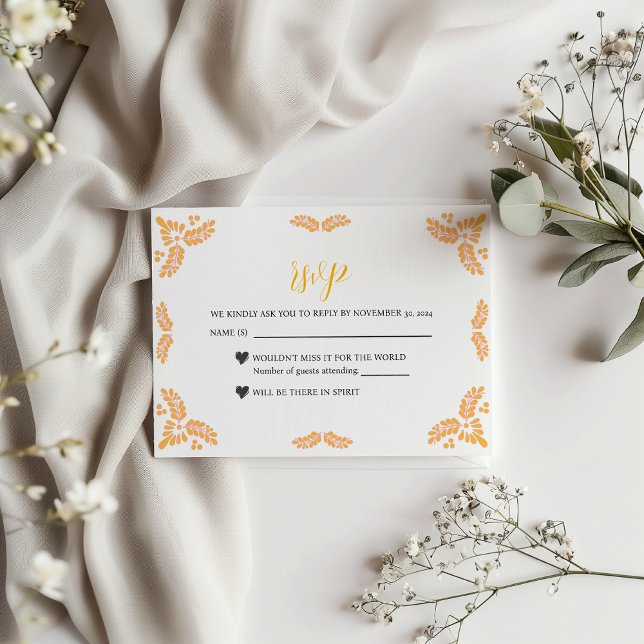 Mexican Talavera Yellow Floral Minimalist Wedding RSVP Card (Mexican Talavera Yellow Floral Minimalist Wedding RSVP Card)