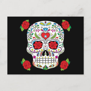 Mexican Tattoo Sugar Skull and Red Roses Postcard