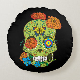 Mexican Tattoo Sugar Skull Rose In Mouth Round Cushion