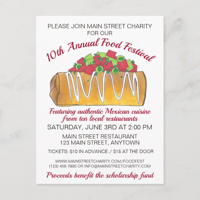 Mexican Tex Mex Food Festival Chimichanga Invitation Postcard (Front)