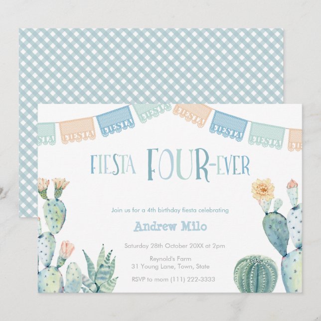 Mexican Theme Fiesta FOURever Boy 4th Birthday Invitation (Front/Back)