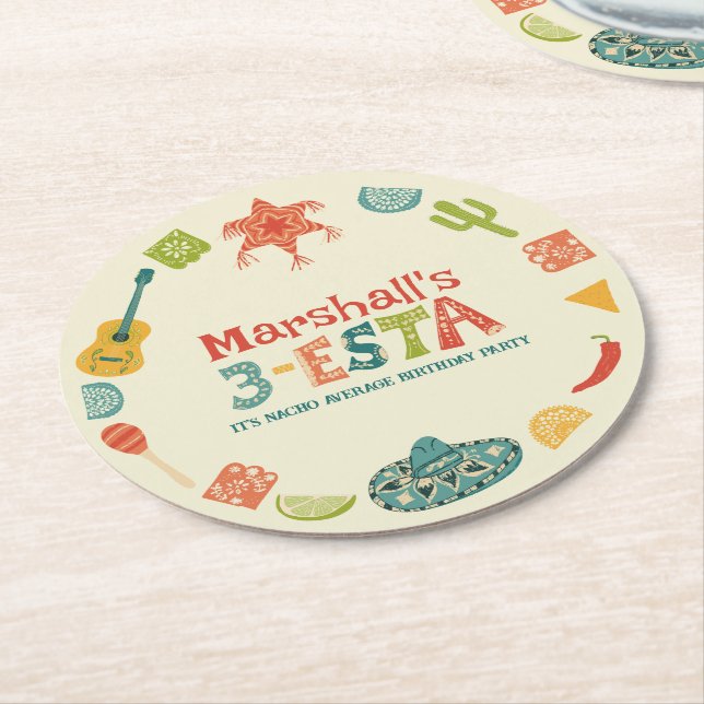Mexican Themed 3-Esta Third Birthday Round Paper Coaster (Angled)
