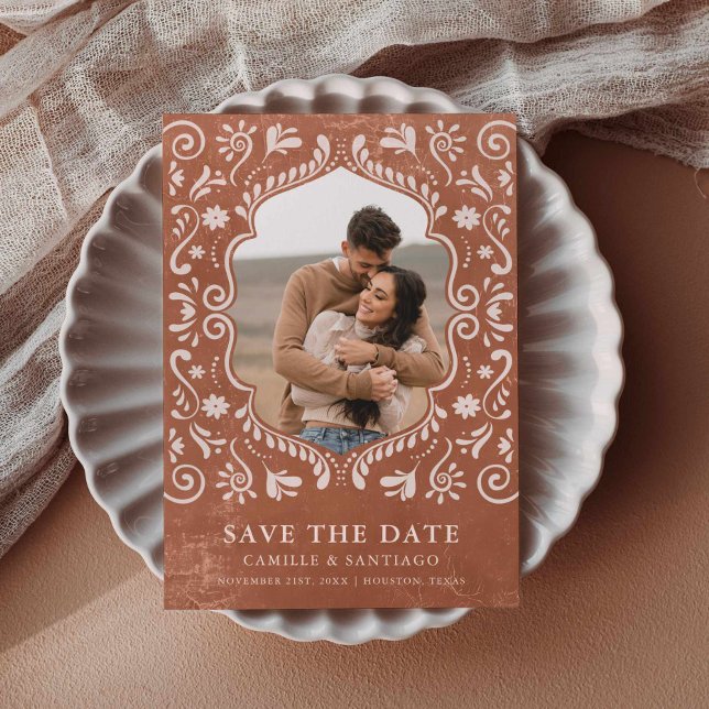 Mexican Themed Photo Save the Date (Terracotta Papel Picado Photo Save the Date)