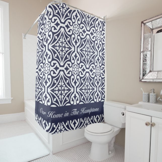 Mexican Tile Blue and White Lake House Decor Shower Curtain (In Situ)