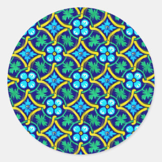 Mexican Tile Design Teal Yellow Floral Print Classic Round Sticker