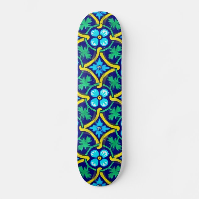 Mexican Tile Design Teal Yellow Floral Print Skateboard (Front)