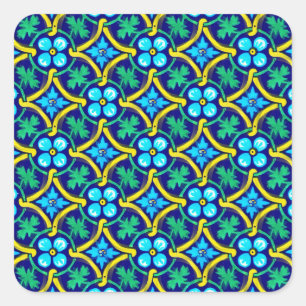 Mexican Tile Design Teal Yellow Floral Print Square Sticker