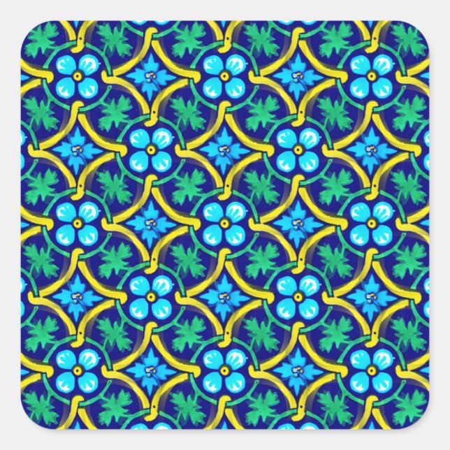 Mexican Tile Design Teal Yellow Floral Print Square Sticker (Front)