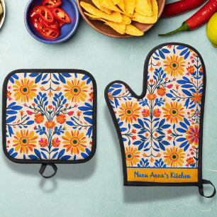 Mexican Tile Floral Oven Mitt & Pot Holder Set