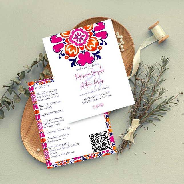 Mexican tile pink budget wedding invite all in one (Mexican tile pink orange blue budget wedding printable invitation all in one affordable invitations)