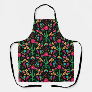 Mexican Traditional Floral Folk Art Black Colourfu Apron