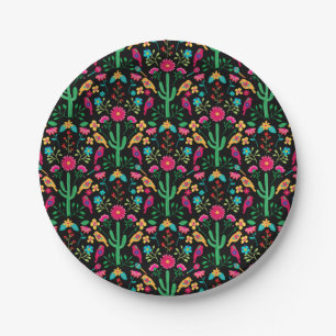 Mexican Traditional Folk Art Bright Colours Black Paper Plate
