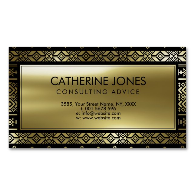 Mexican /Tribal Aztec Geometrical  Gold on Black Magnetic Business Card (Front)