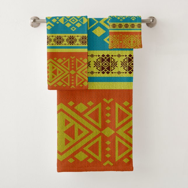 Mexican /Tribal Style pattern -Orange and Blue Bath Towel Set (Insitu)