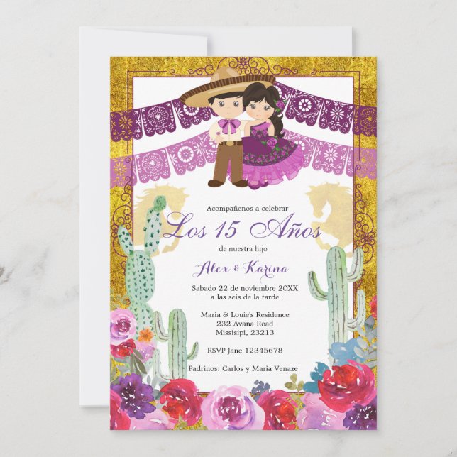 Mexican Twin Birthday Purple Cactus Floral Invitation (Front)