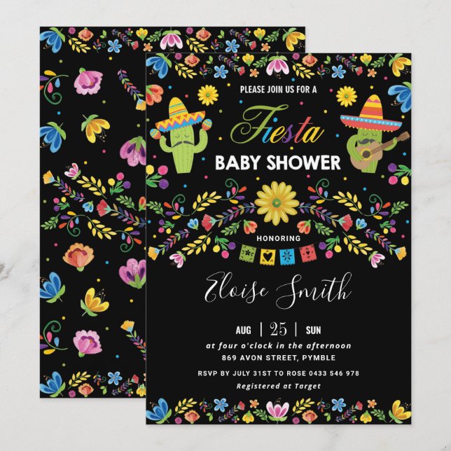 Mexican Vibrant Floral Cactus Fiesta Baby Shower Invitation (Front/Back)