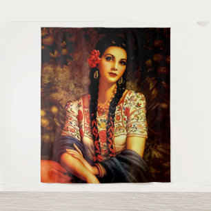 Mexican Vintage Beautiful Pin-Up Girl with Long Br Tapestry