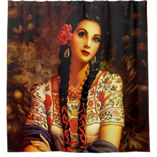 Mexican Vintage Pin-Up Girl with Long Braids   Shower Curtain
