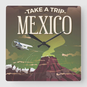 Mexican Volcano vintage travel poster Square Wall Clock