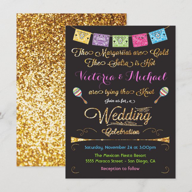 Mexican Wedding Fiesta Gold Glitter invitations (Front/Back)