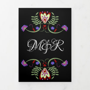 Mexican Wedding Folk Florals Hearts Tri-Fold Holiday Card