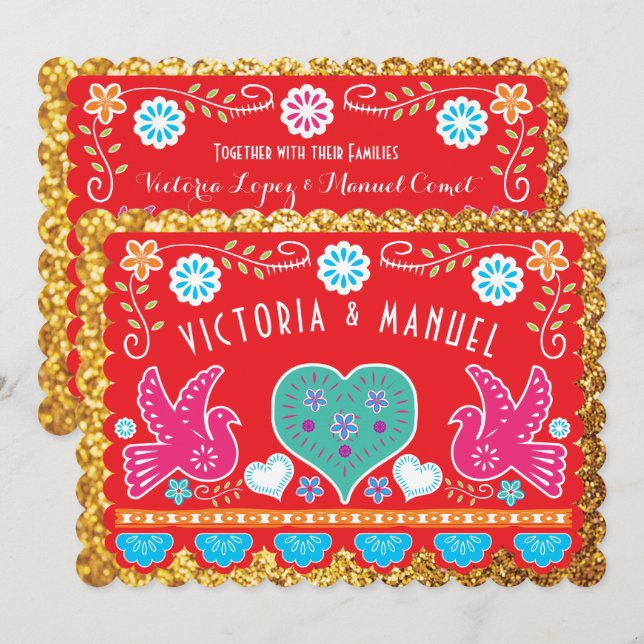 Mexican Wedding Papel Picado Gold Glitter Invitation (Front/Back)