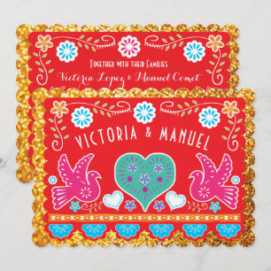 Mexican Wedding Papel Picado Gold Glitter Invitation