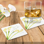 Mexican Wedding Rehearsal Dinner Calla Lily Square Paper Coaster<br><div class="desc">Our exquisite Designer Mexican Wedding Paper Coaster adorned with a charming calla lily Mexican theme, the perfect addition to your fiesta. Drawing inspiration from the iconic Mexican flowers, this Mexican fiesta-style wedding paper coaster offers a delicate and understated white backdrop, beautifully enhanced by elegant calligraphy typography. The Designer Mexican Wedding...</div>