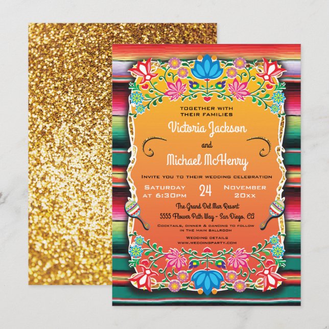 Mexican Wedding Rug and Faux Gold invitation (Front/Back)