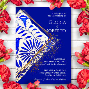 Mexican Wedding Talavera Blue Golden Elegant  Invitation