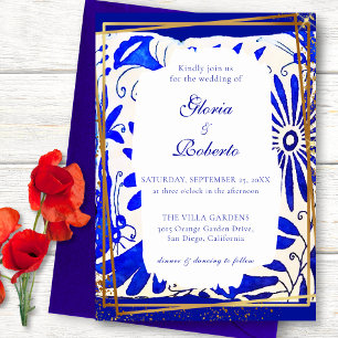Mexican Wedding Talavera Blue & Golden Invitation