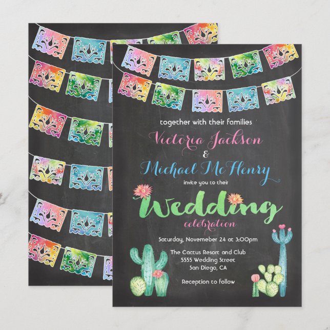 Mexican Wedding Watercolor Cactus Invitations (Front/Back)