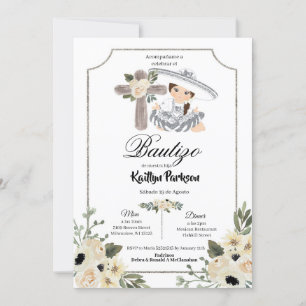 Mexican White Silver Charra Gir Bautizo Invitacion Invitation