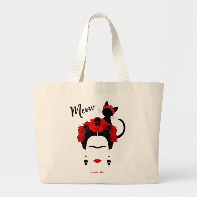 Mexican woman portrait and cute meow Mexican Cat  Large Tote Bag (Front)