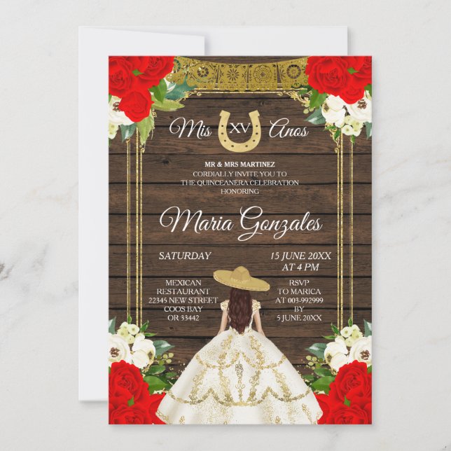 Mexican Wood Ivory Charro Mis XV Anos Invitation (Front)