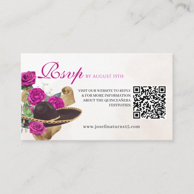 Mexicana Mariachi Charra Magenta Roses Quinceanera Enclosure Card (Front)
