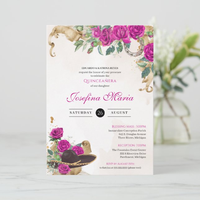 Mexicana Mariachi Charra Magenta Roses Quinceanera Invitation (Standing Front)