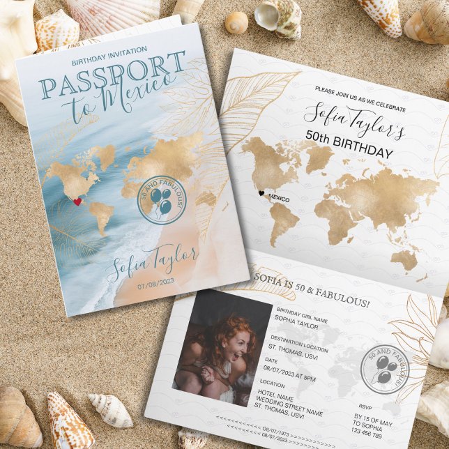 Mexico 50 and Fabulous Birthday Passport Map Invitation (Creator Uploaded)