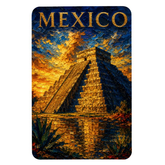 Mexico: Aesthetic Sunset Chichen Itza Art Souvenir Magnet (Vertical)