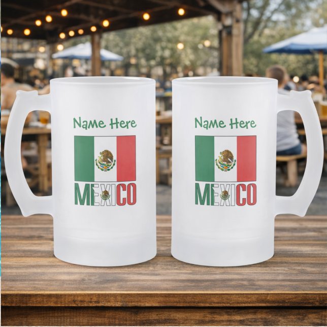 Mexico and Mexican Flag Green Personalisation  Frosted Glass Beer Mug (Personalized frosted glass stein with Mexican Flag and MEXICO on both sides. Name above, too.)