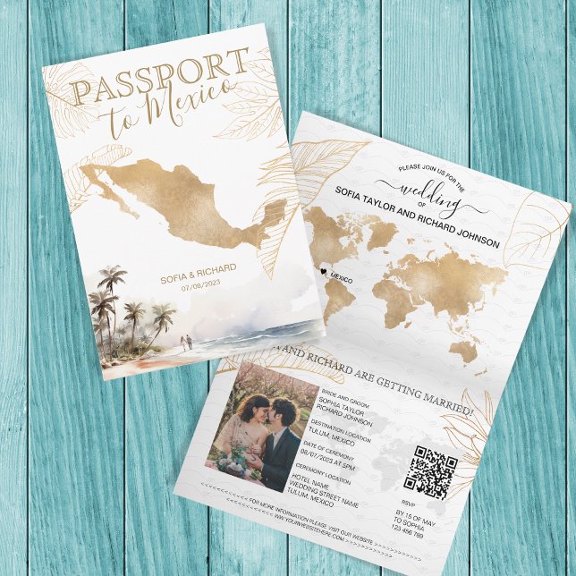 Mexico Beach Destination Wedding Passport QR code Invitation (beach wedding palm tree)