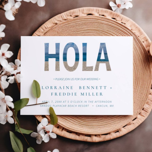 Mexico Beach Hola Typography Destination Wedding Invitation (Creator Uploaded)