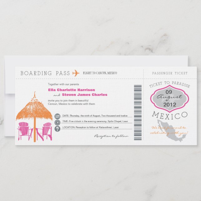 Mexico Boarding Pass Wedding Invitation (Front)