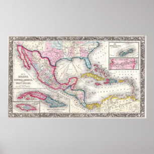 Mexico, Central America and Caribbean Map (1860) Poster